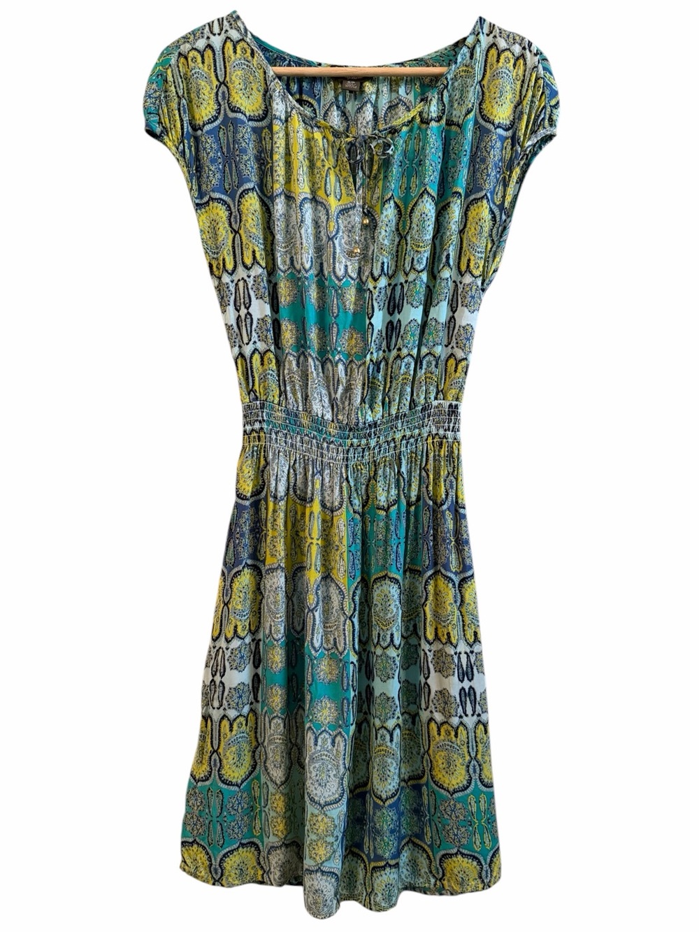 Tommy Bahama Dress Women Sz S Teal Paisley Cap Slv Smocked Blouson Beach Resort